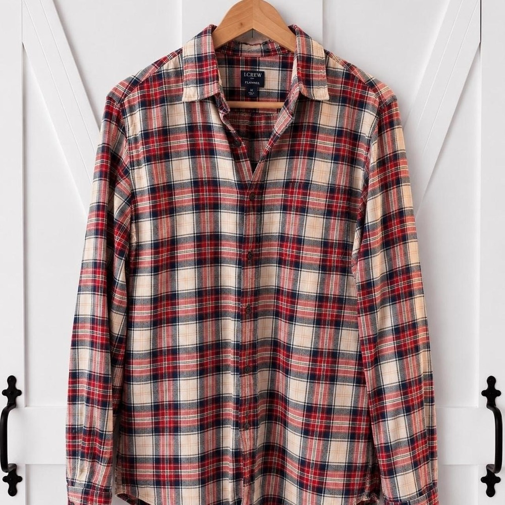 J.Crew Flannel Shirt Mens M Red Blue Plaid Long Sleeve Button Down